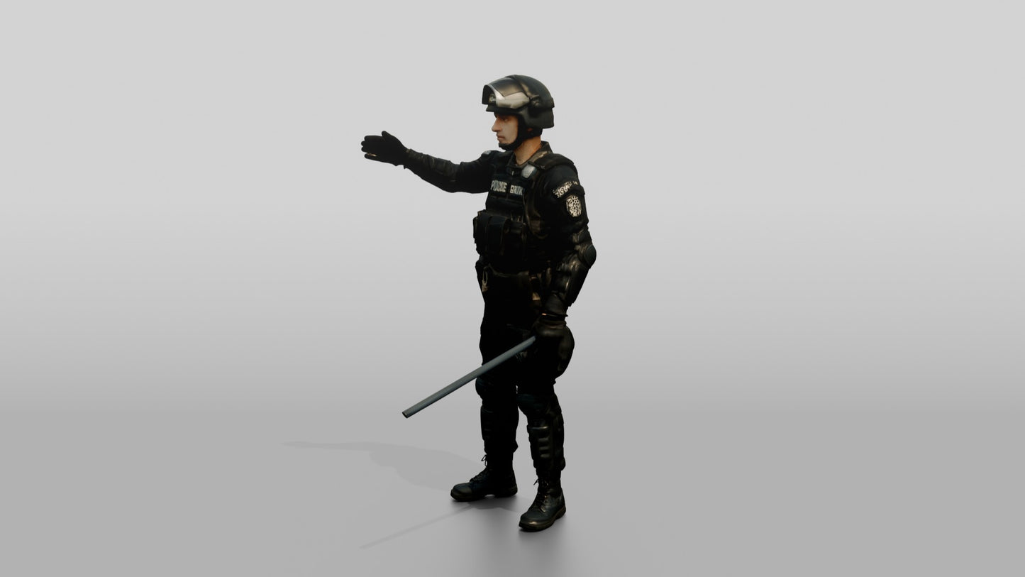 Riot Police Officer Gesturing with Hands