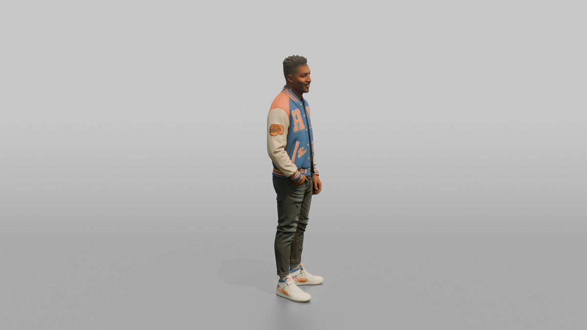 Patron Man Wearing A Vibrant Varsity Jacket, Confident Urban Stance - 3D character model, view 2