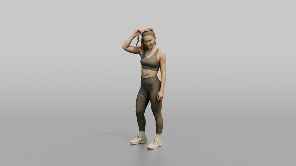 Fitness Influencer Woman Standing With One Hand Adjusting A High Ponytail - 3D character model, view 5