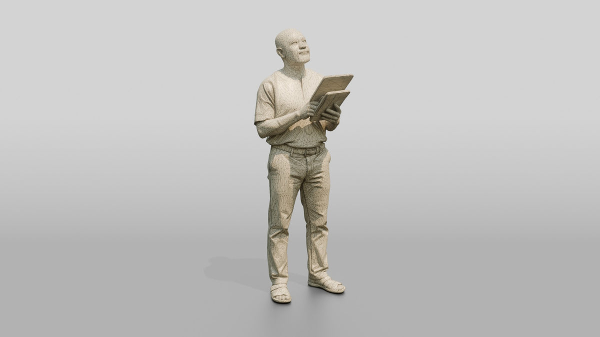 Elderly African Man Holding a Tablet Looking Up - wireframe topology preview