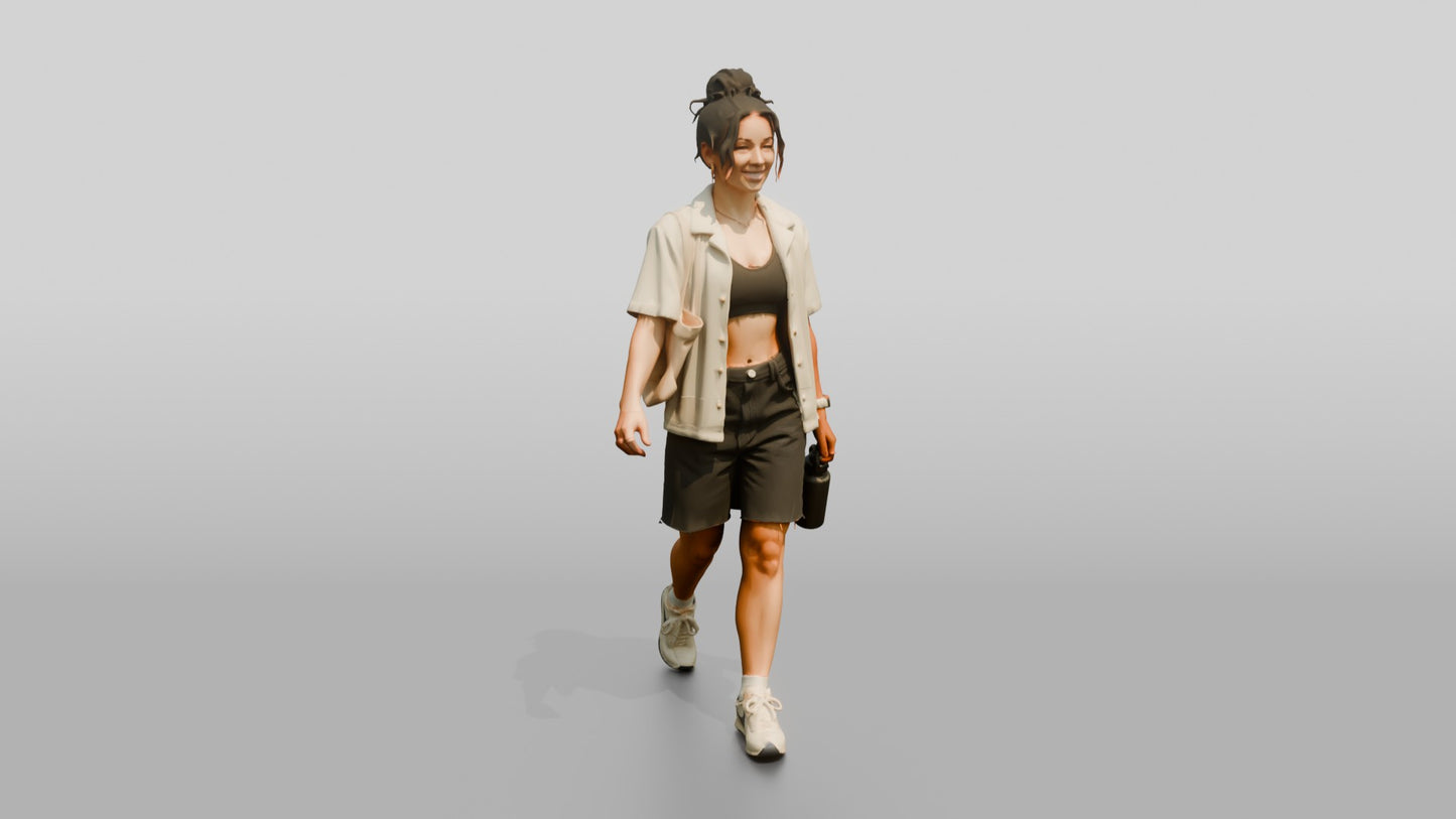 Multiracial Woman Walking the Boardwalk in Terry Cloth Shirt