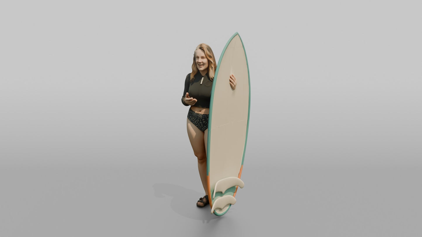 Surfer Standing and Chatting by Her Board