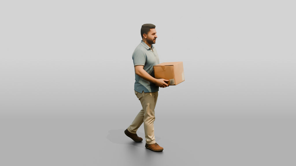 Stocky Middle-Aged Syrian Man Carrying a Cardboard Box