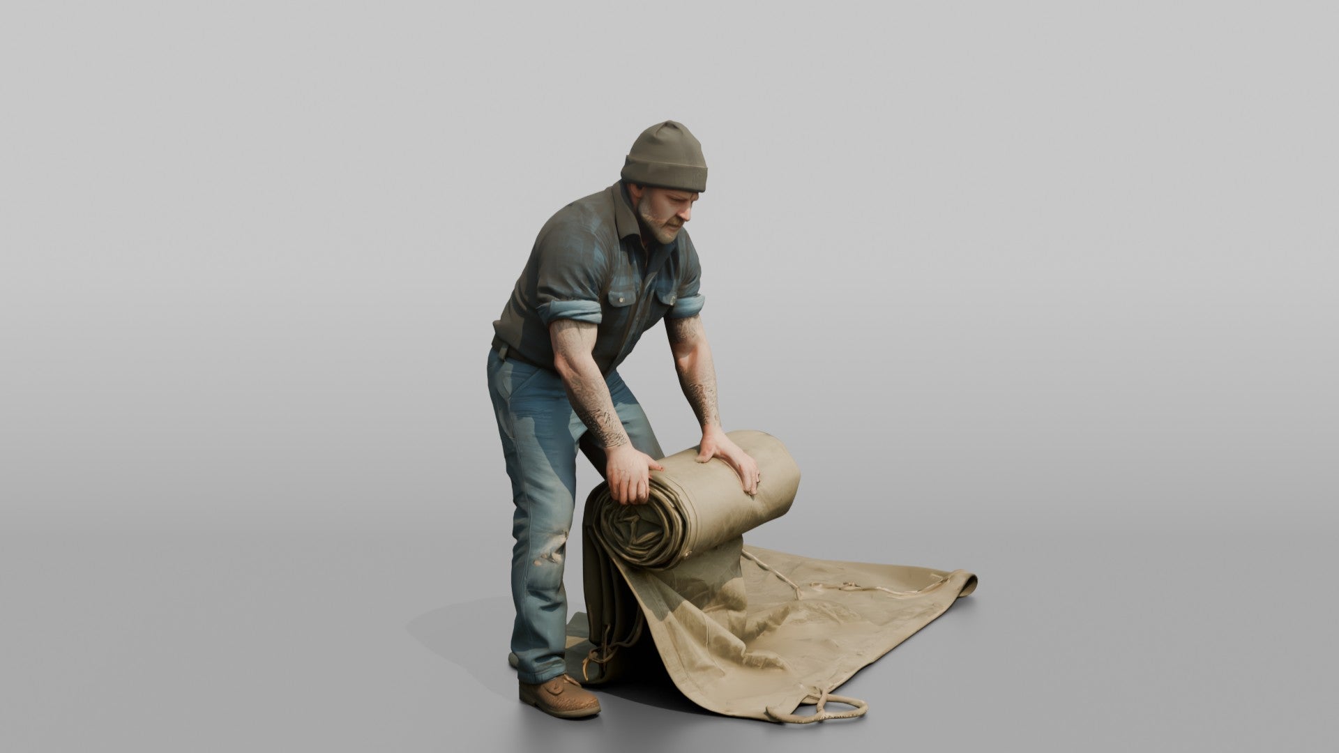 Farmer Unrolling Large Canvas Tarp
