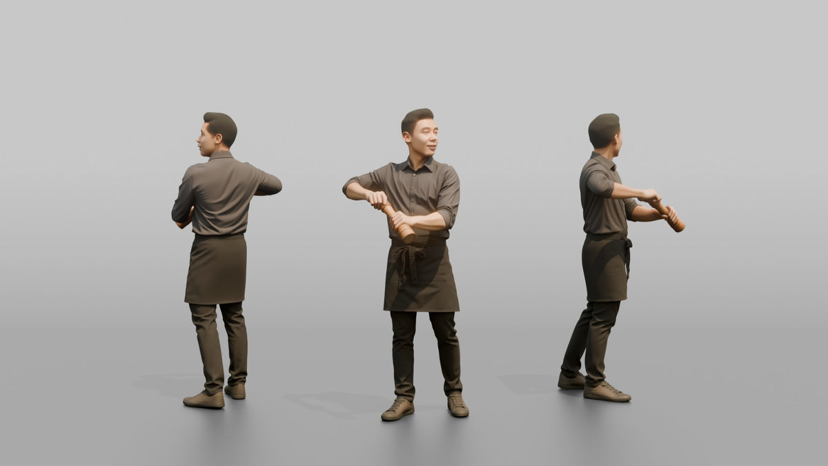 Server Woman Holding A Pepper Grinder, Mid-grind - 3D character model, view 1