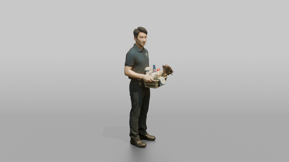 Housekeeping Staff Woman Carrying A Basket Of Cleaning Supplies - 3D character model