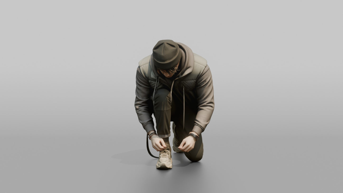 Man Crouching to Tie His Sneaker Laces