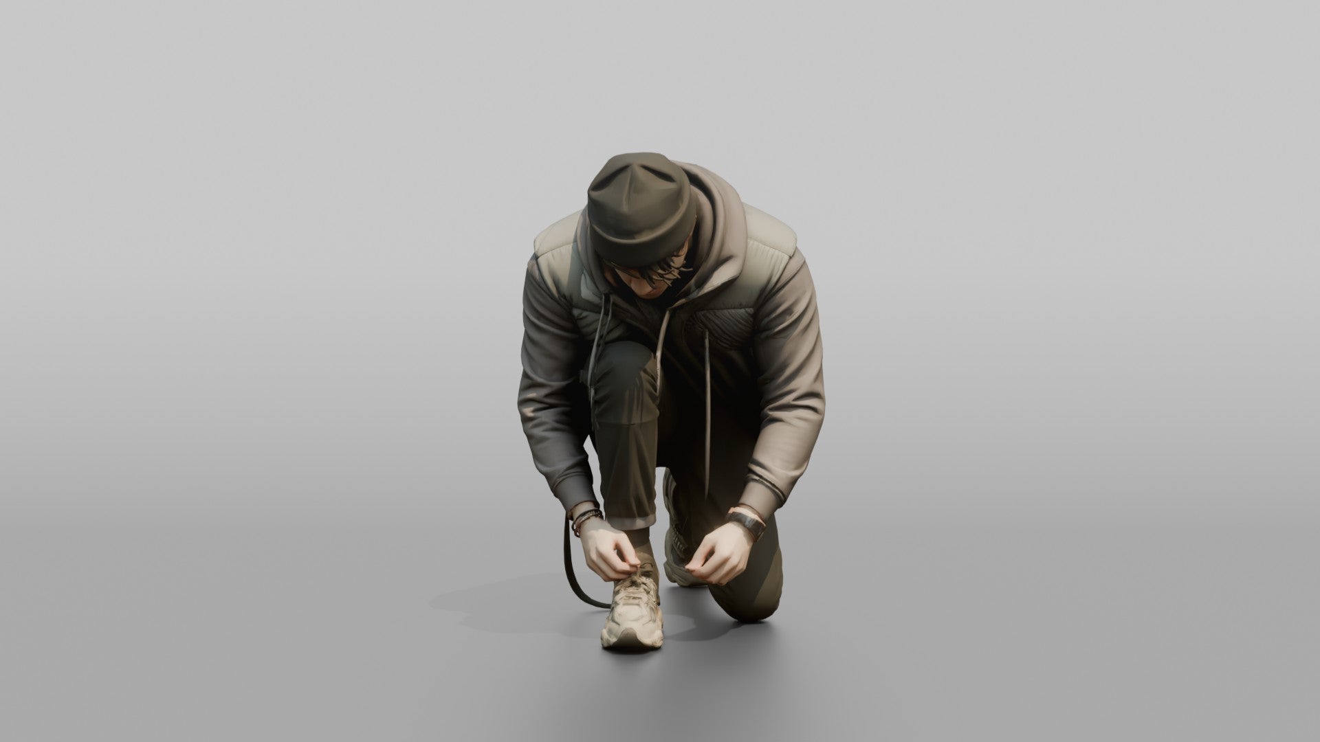 Man Crouching to Tie His Sneaker Laces