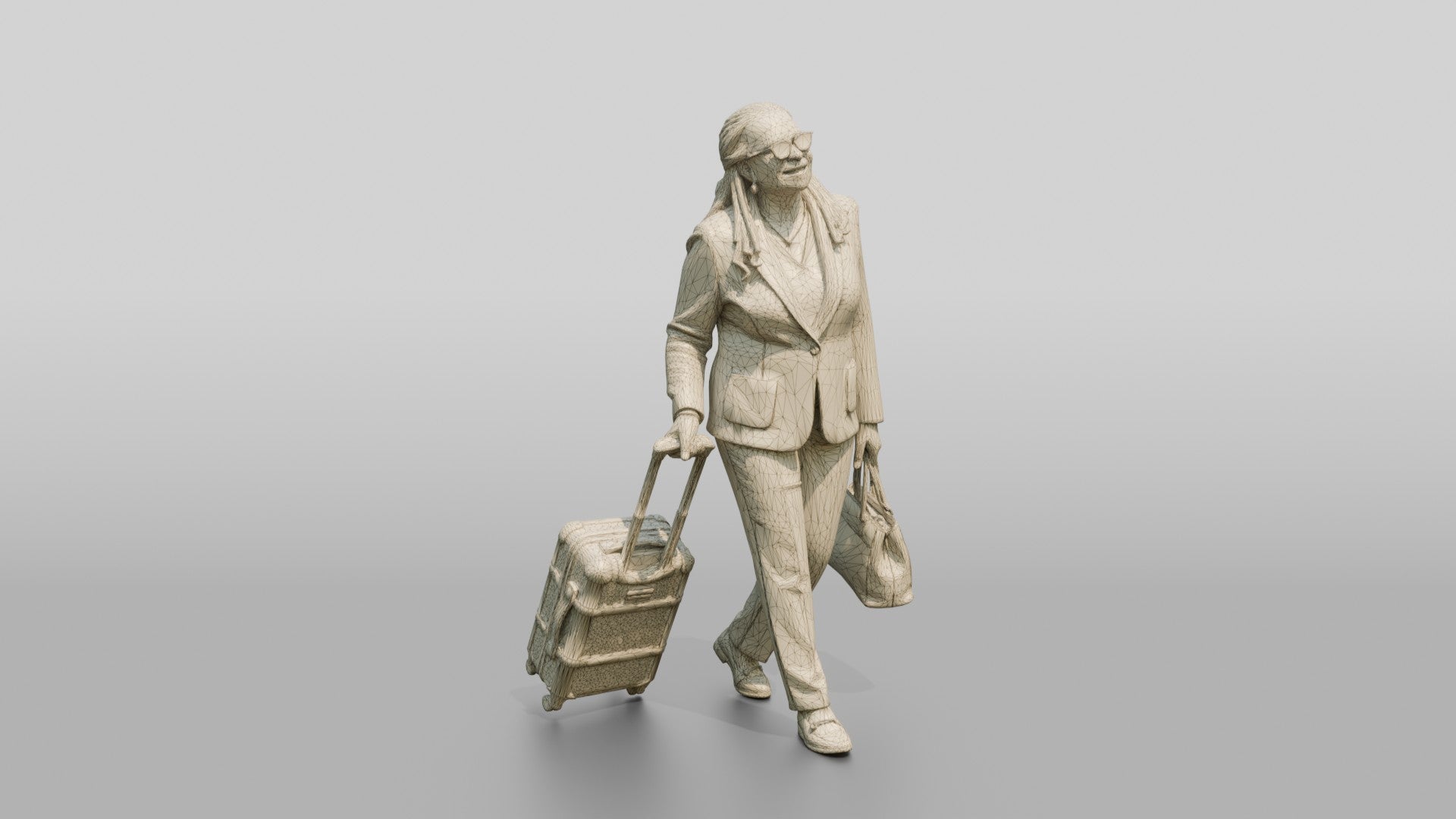 Elderly Black Woman in Green Blazer with Patterned Luggage