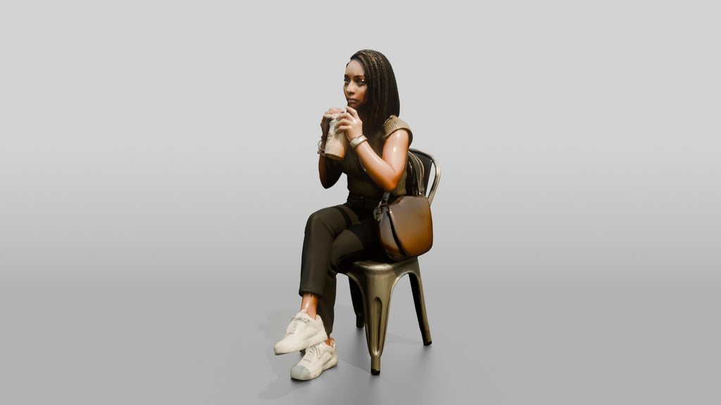 Young Black Woman Seated Drinking Coffee with Handbag