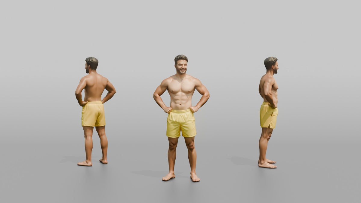 Physique Model Man Standing With Hands On Hips, Chest Out, Confident Pose - 3D character model, view 1