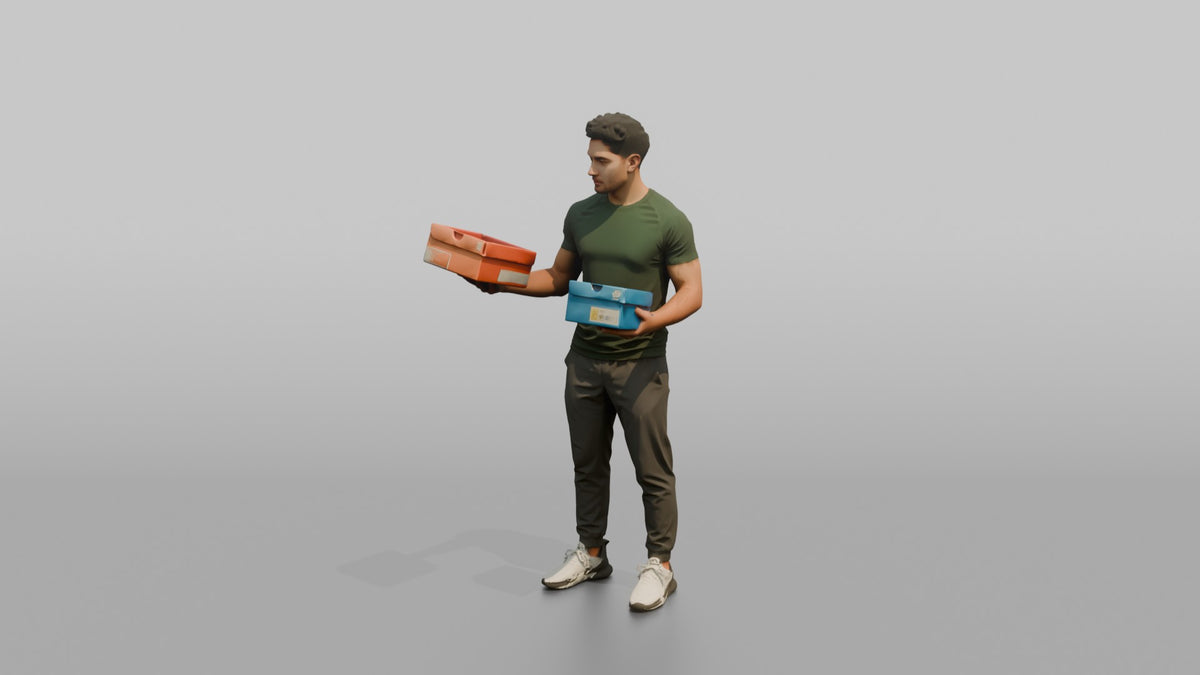 Man Customer Holding Two Sneaker Boxes To Compare - 3D character model, view 4
