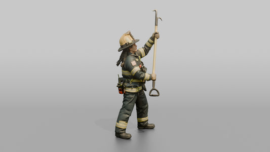 Firefighter Woman Lifting a Long Fiberglass Pike Pole - 3D character model, view 1