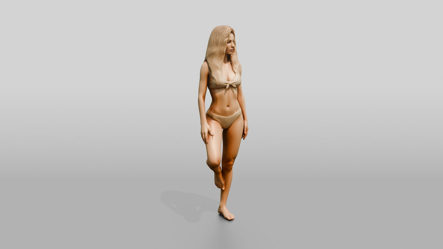 Blonde Woman in Cream Two-Piece Swimsuit Tree Pose