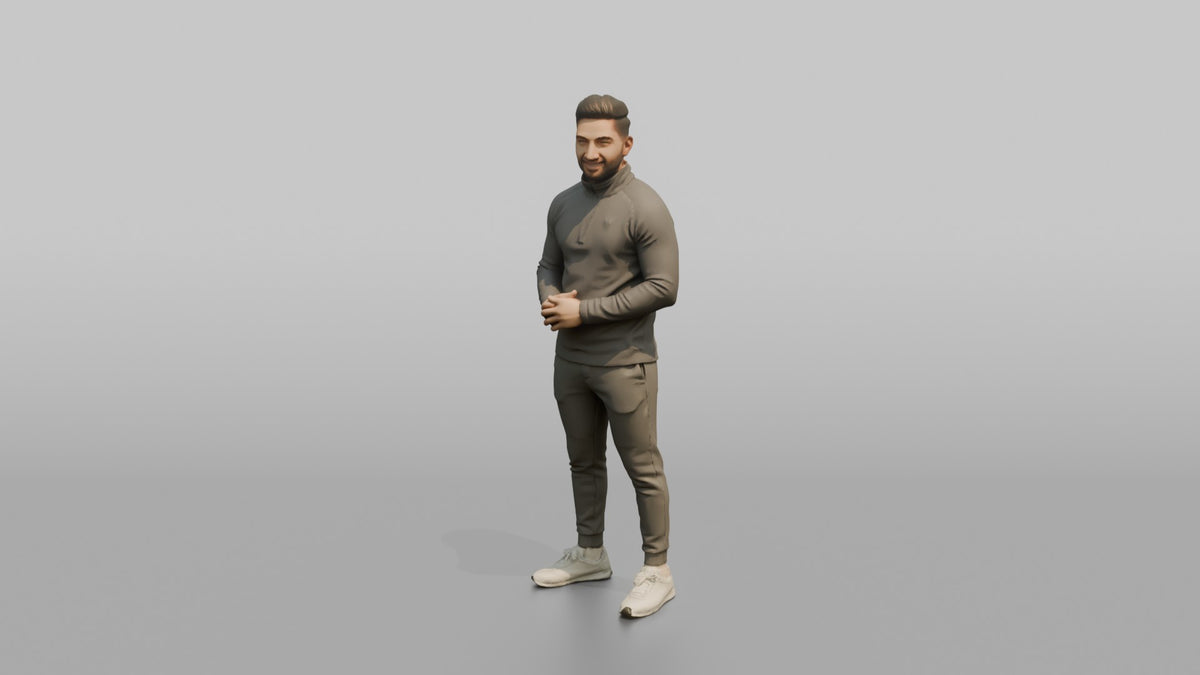 Fitness Influencer Man Standing With Hands Clasped In Front, Relaxed Pose - 3D character model, view 4