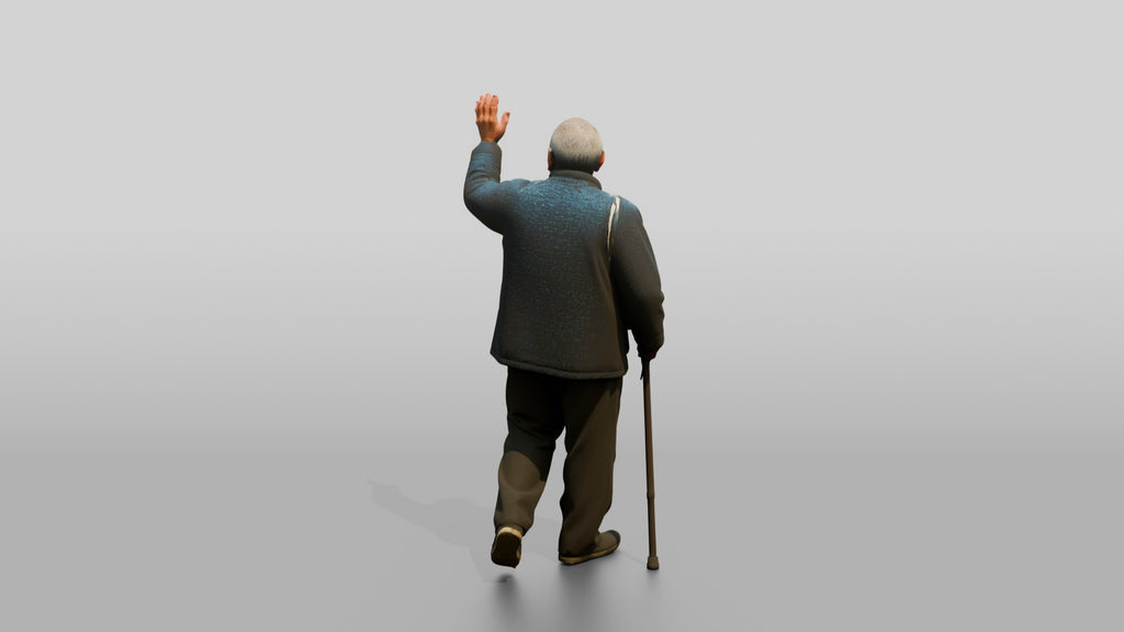 Elderly Chinese Man Waving While Walking with Cane