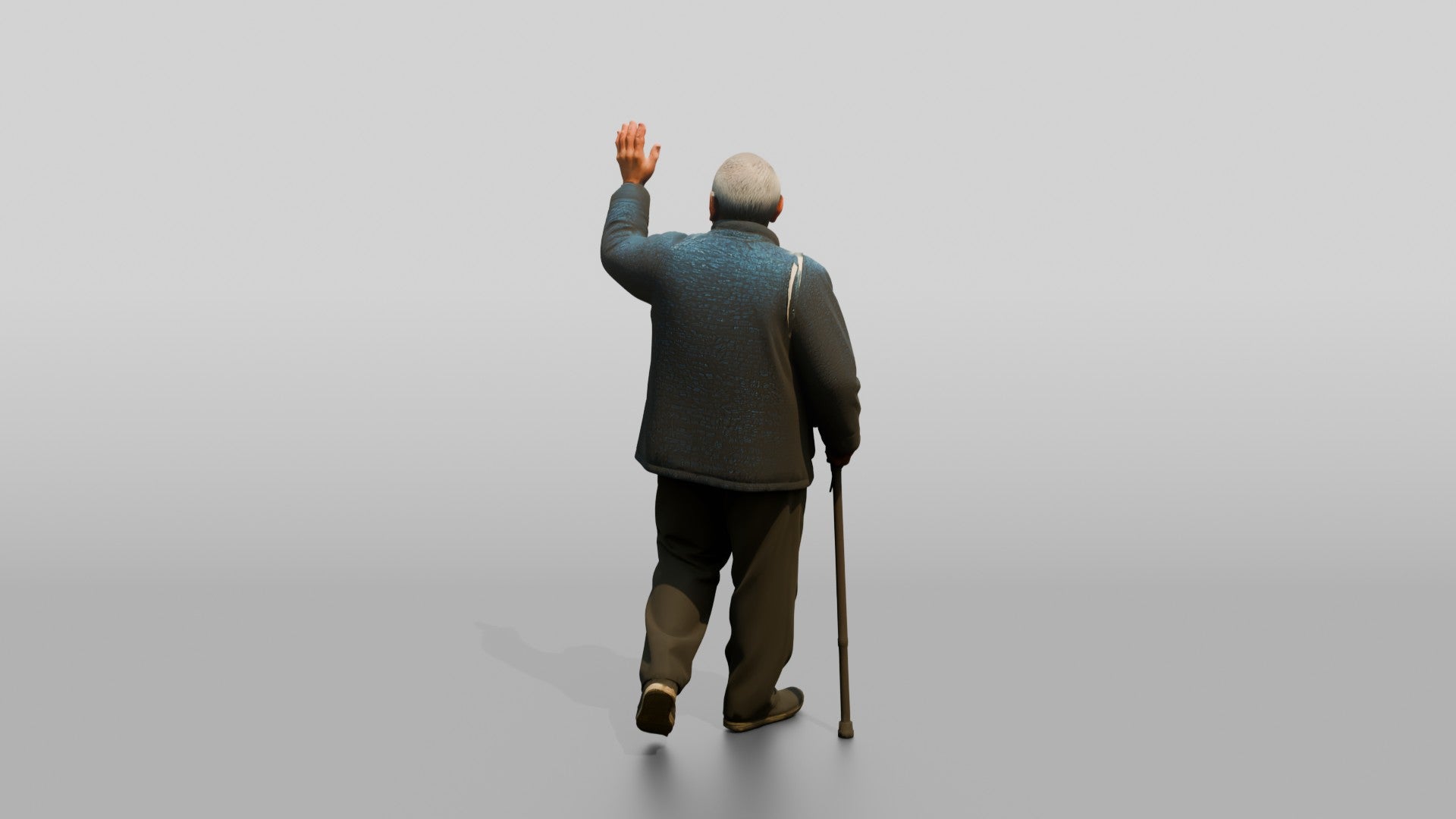 Elderly Chinese Man Waving While Walking with Cane