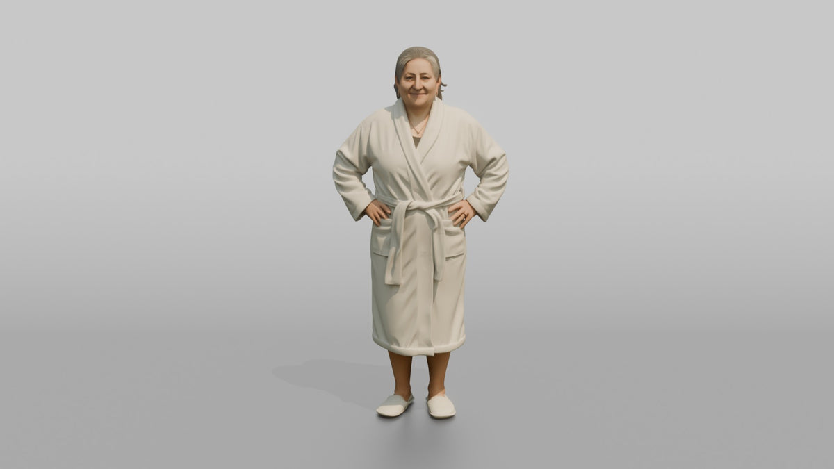 Spa Client Woman Standing Looking Relaxed, Hands Resting On Hips, Robe On - 3D character model, view 5