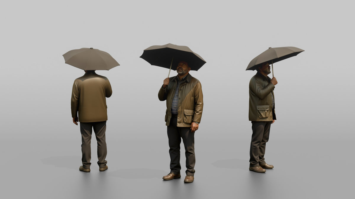 Father Holding An Umbrella Overhead, Looking Up At The Sky - 3D character model, view 1