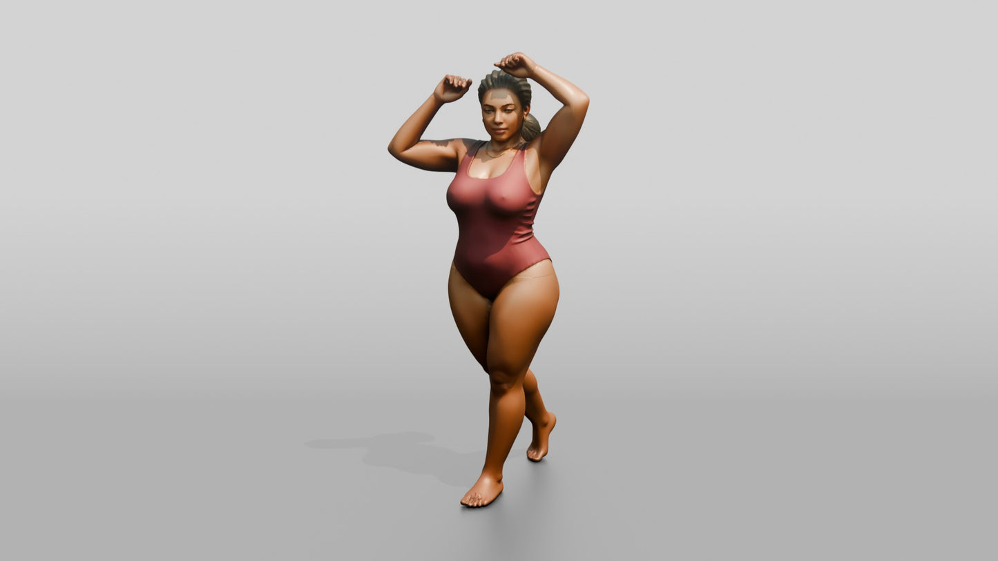 Curvy Woman in Rose Two-Piece Swimsuit Arms Raised