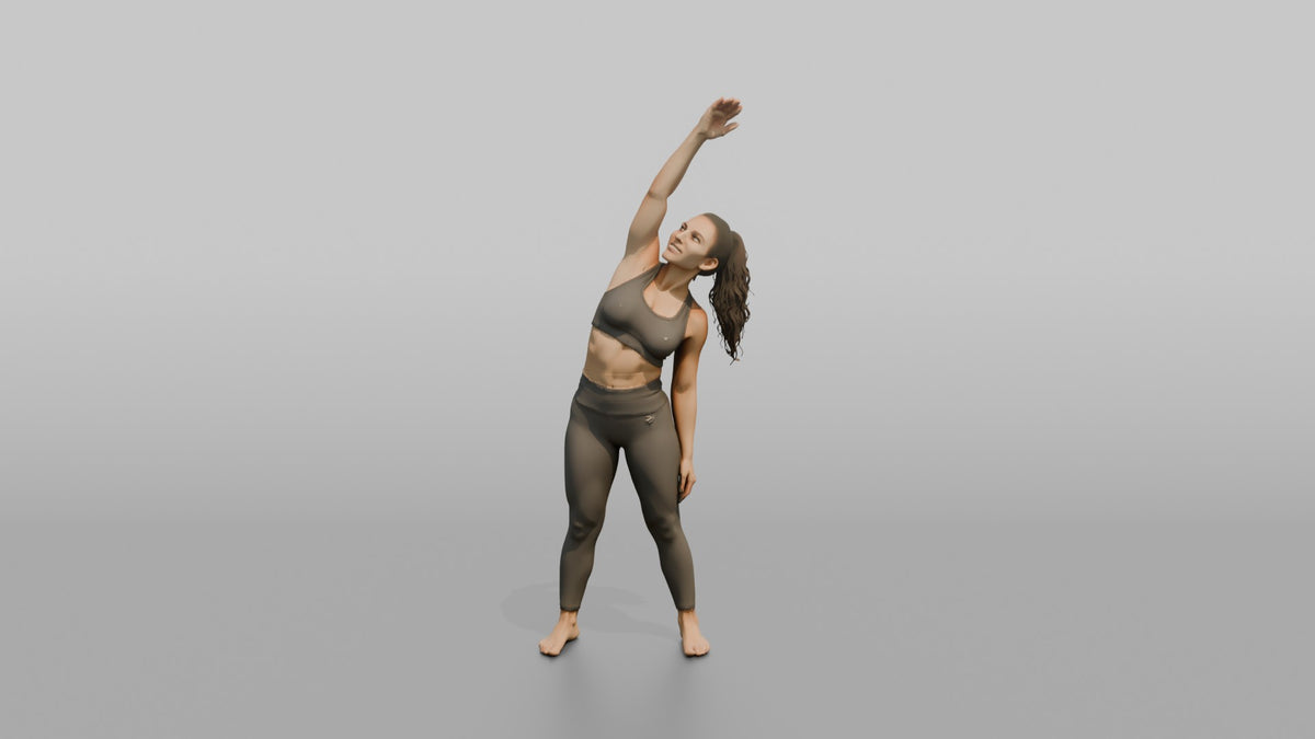 Fitness Influencer Woman Doing A Standing Side Stretch, One Arm Overhead - 3D character model, view 5