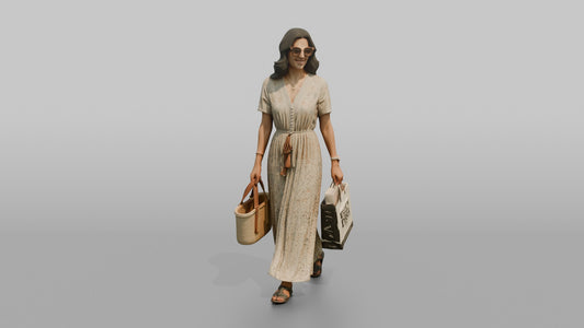 Vacationer Wearing Elegant Summer Maxi Dress And Sunglasses - 3D character model, view 1
