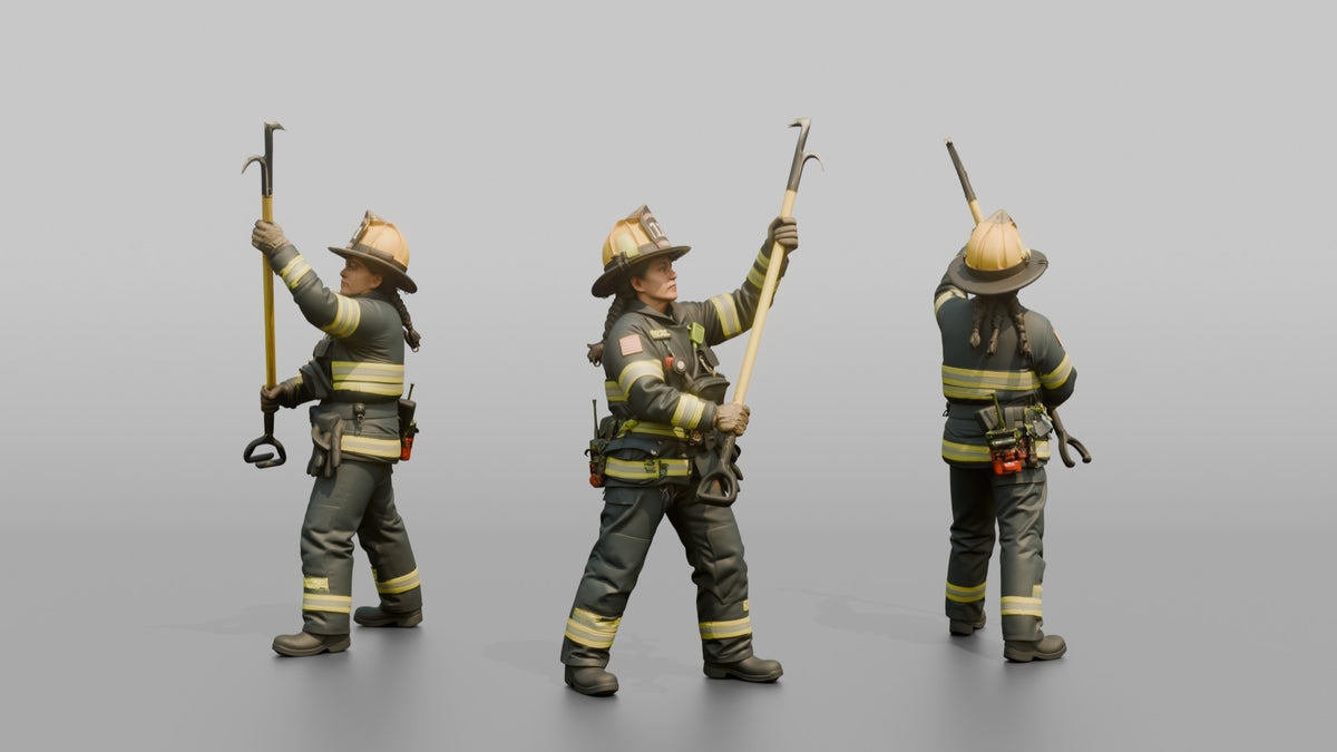 Firefighter Woman Lifting a Long Fiberglass Pike Pole - 3D character model