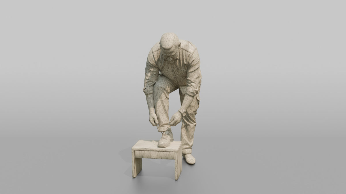 Father Tying His Own Shoelace, One Foot Resting On A Low Step - wireframe topology preview