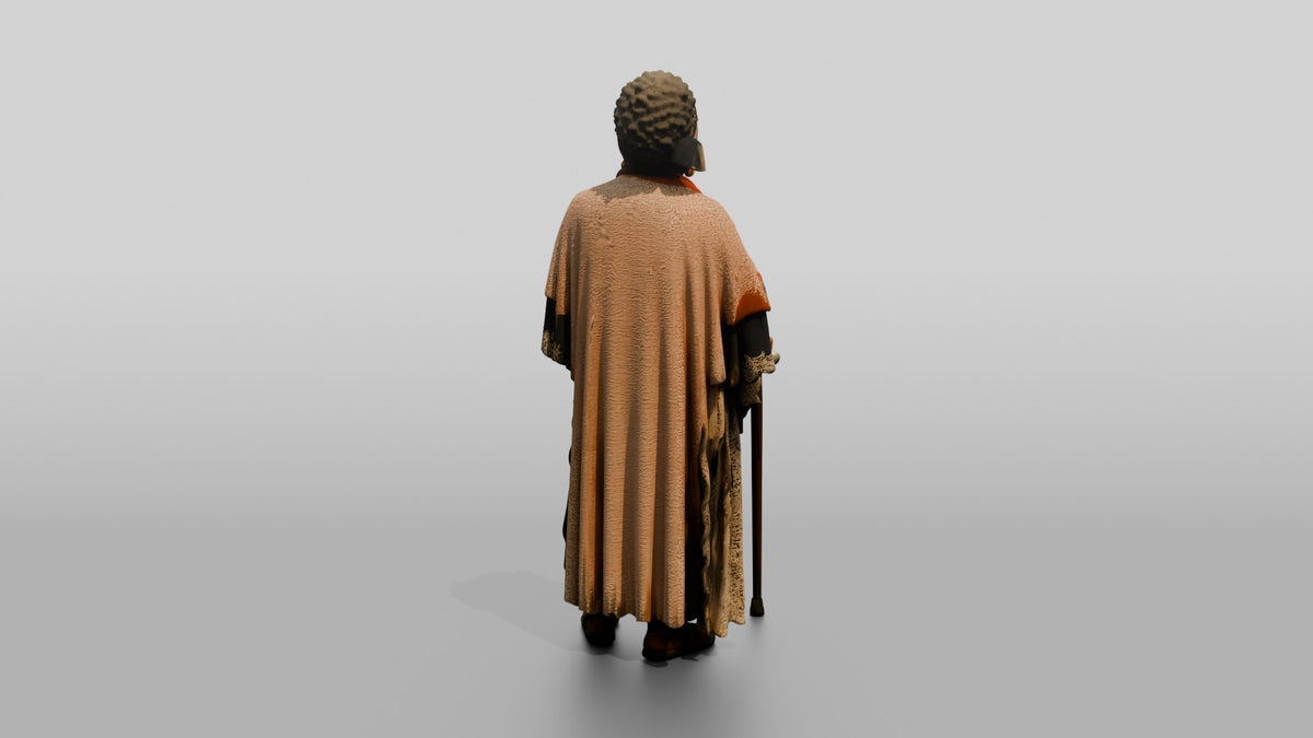 Elderly African Woman with a Walking Stick in a Lace Gown - 3D character model, view 3