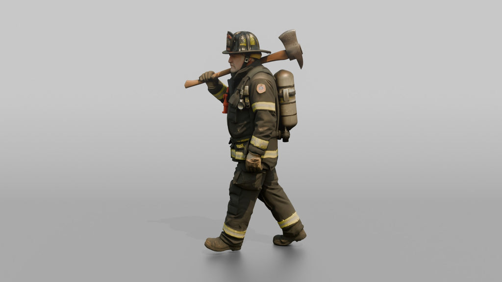 Firefighter Man Carrying a Flathead Axe Across His Shoulder