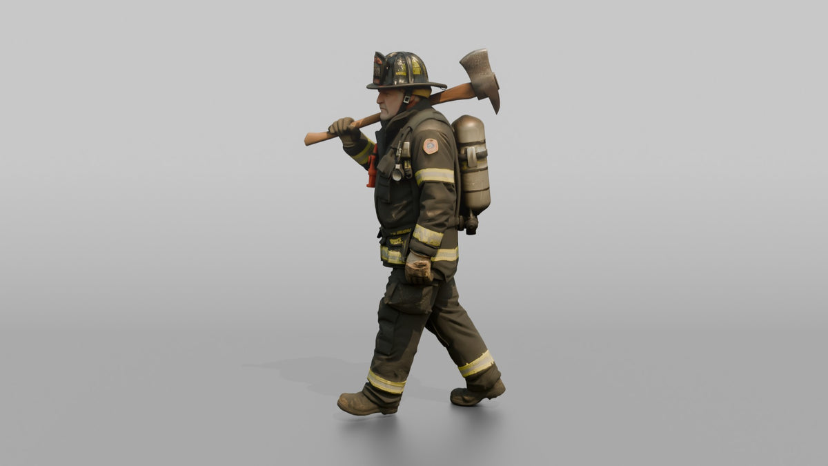 Firefighter Man Carrying a Flathead Axe Across His Shoulder - 3D character model, view 5