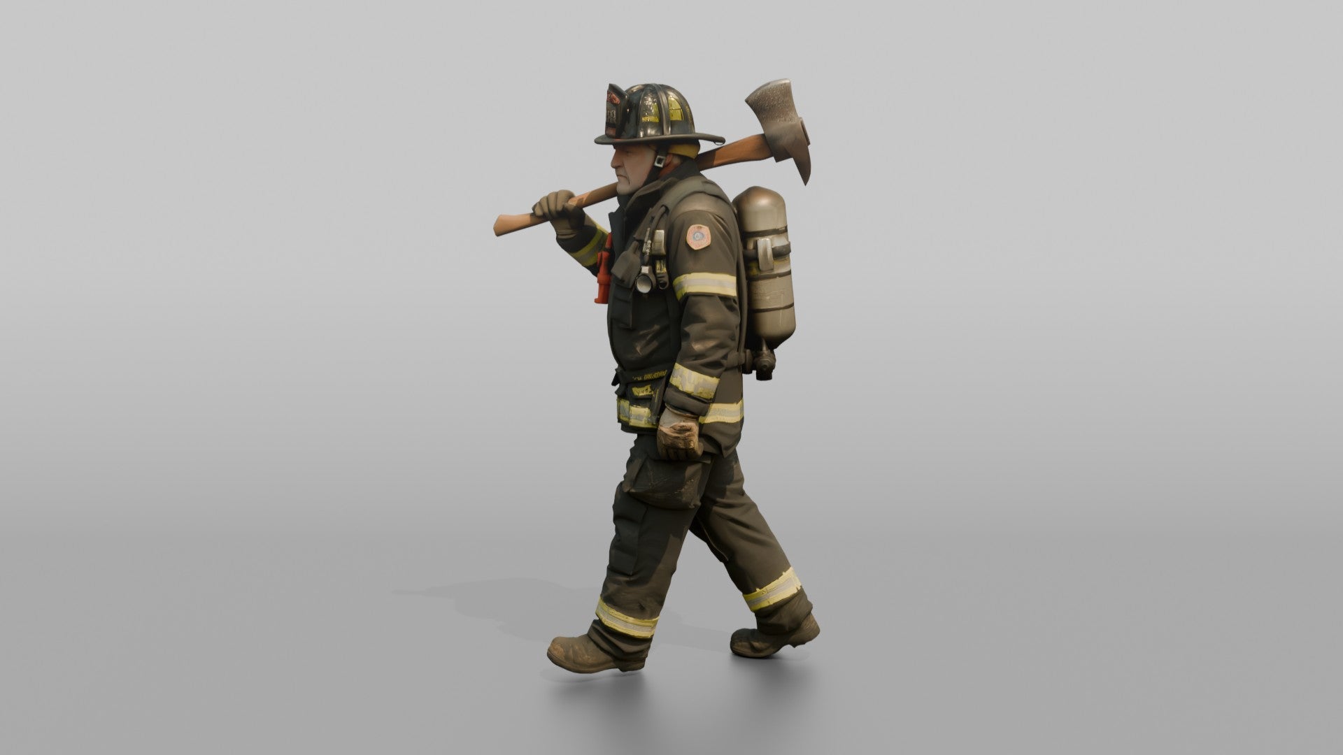 Firefighter Man Carrying a Flathead Axe Across His Shoulder