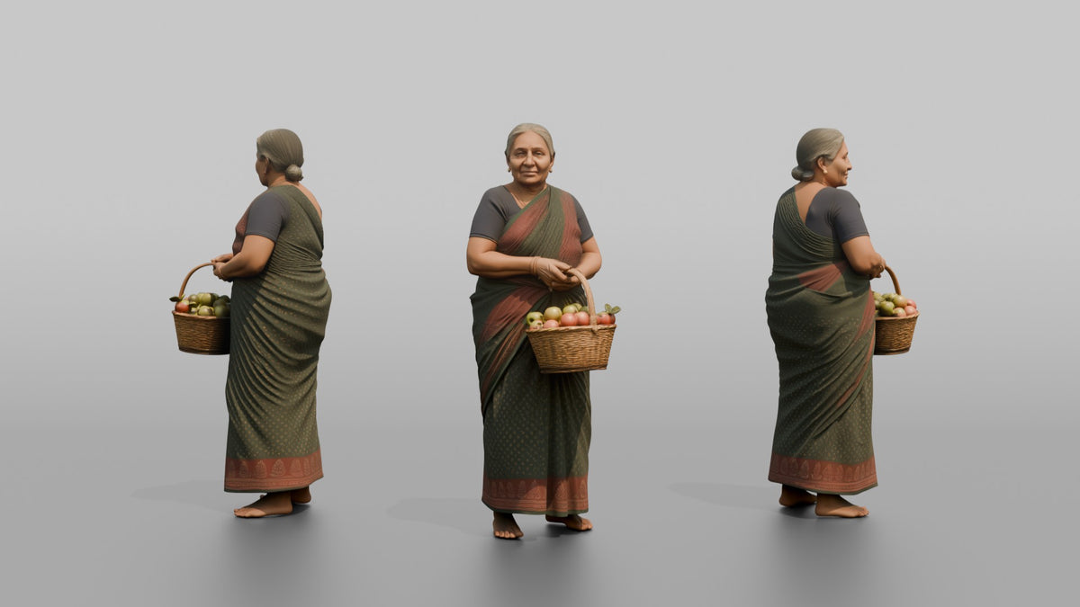 Grandmother Carrying A Basket Of Freshly Picked Apples - 3D character model, view 1