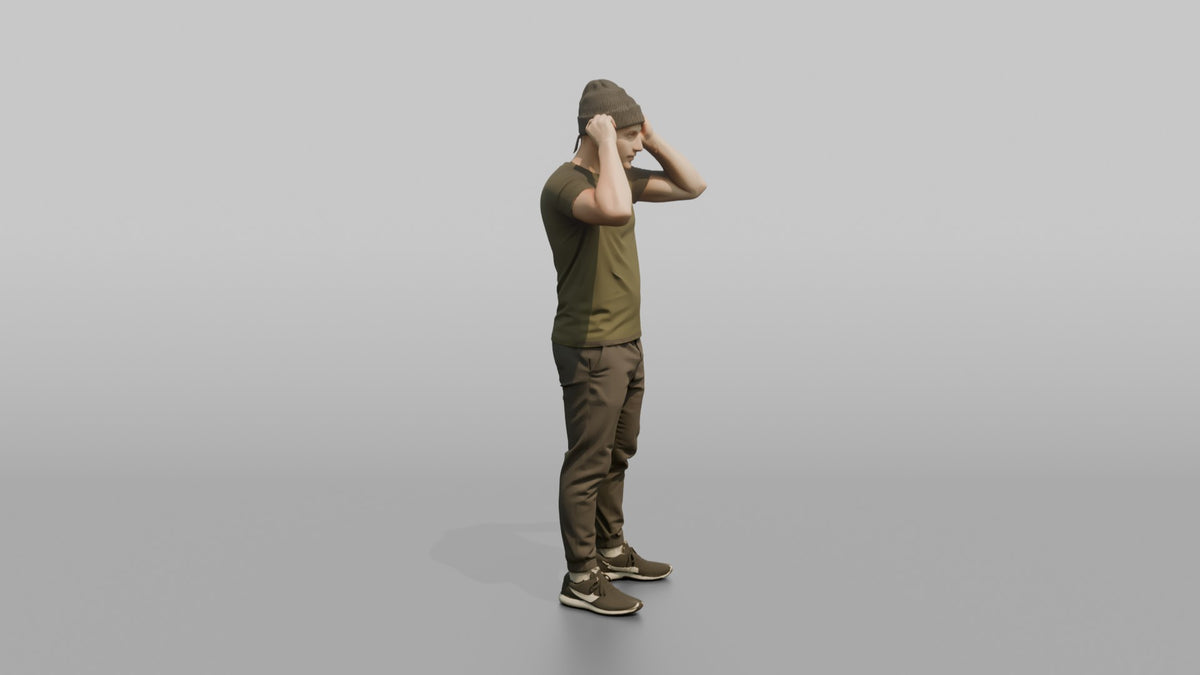 Man Customer Trying On A Beanie Hat - 3D character model, view 2