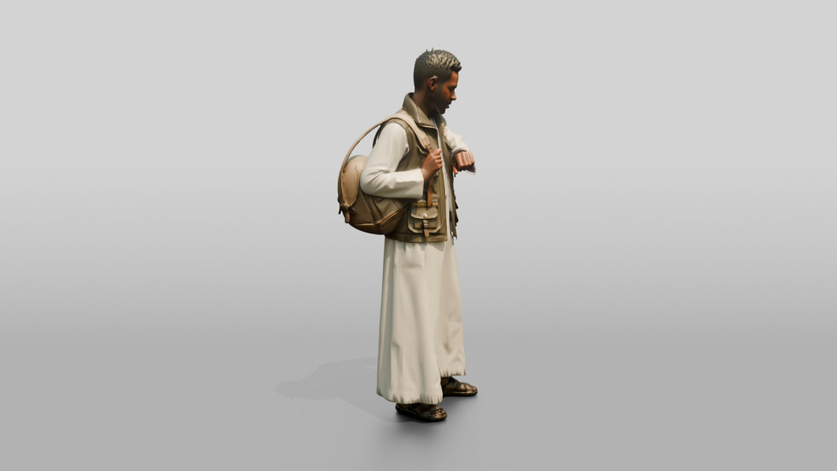 African Man in White Jalabiya Checking His Watch - 3D character model, view 2
