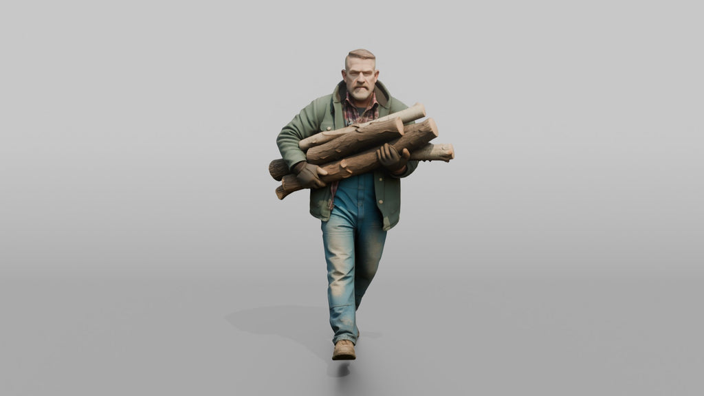 Farmer Carrying Armful Of Thick Hardwood Logs