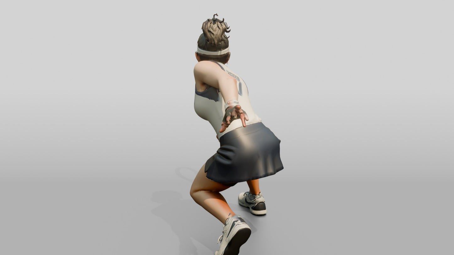 Female Tennis Player Crouched with Racket Extended