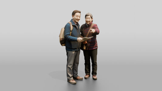 Elderly Couple Pointing at Landmark - 3D character model, view 1