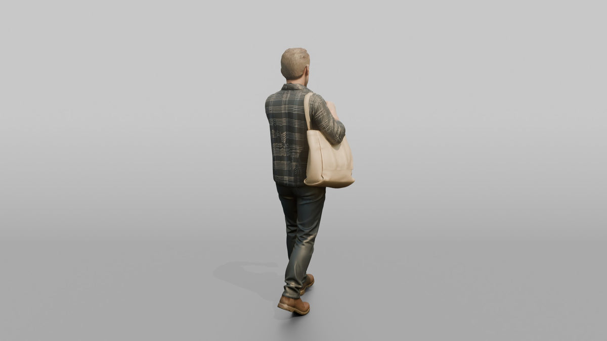 Man Customer Carrying A Large Shopping Bag Over One Shoulder While Checking His Watch - 3D character model, view 3