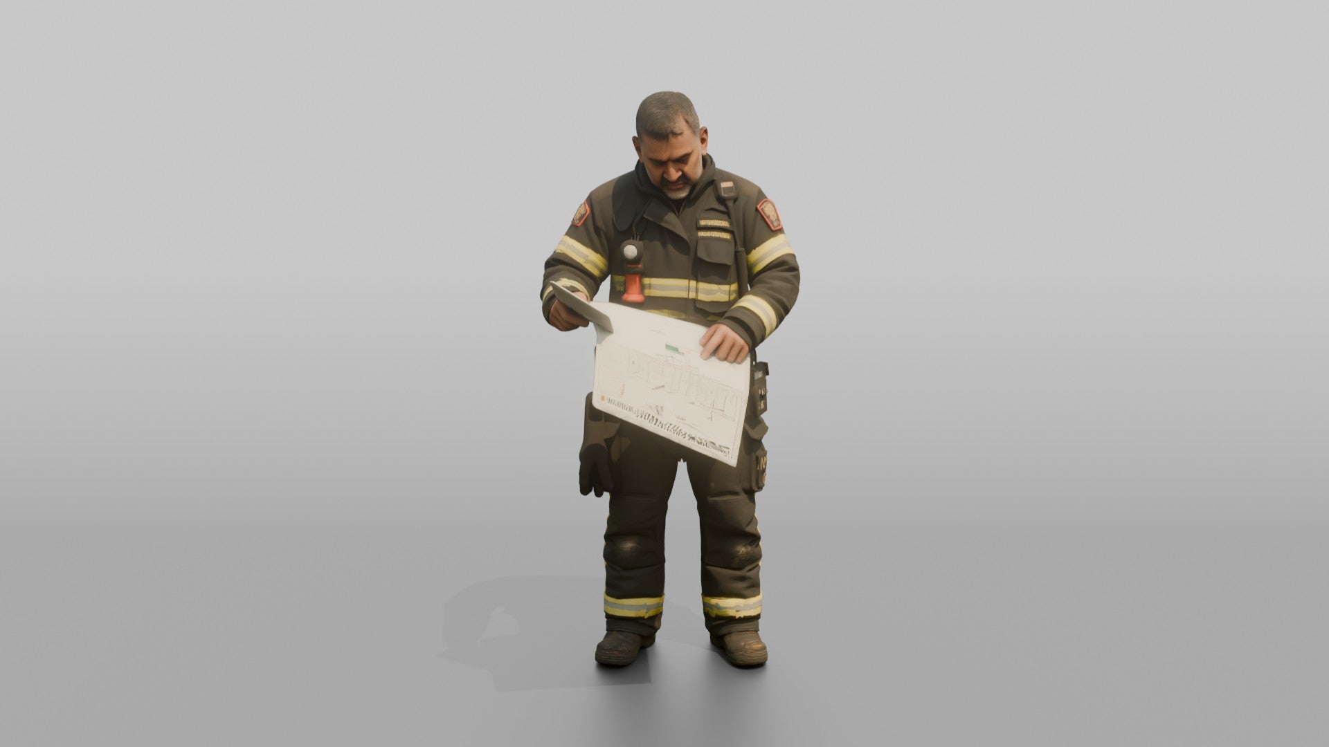 Firefighter Man Reviewing an Emergency Building Map