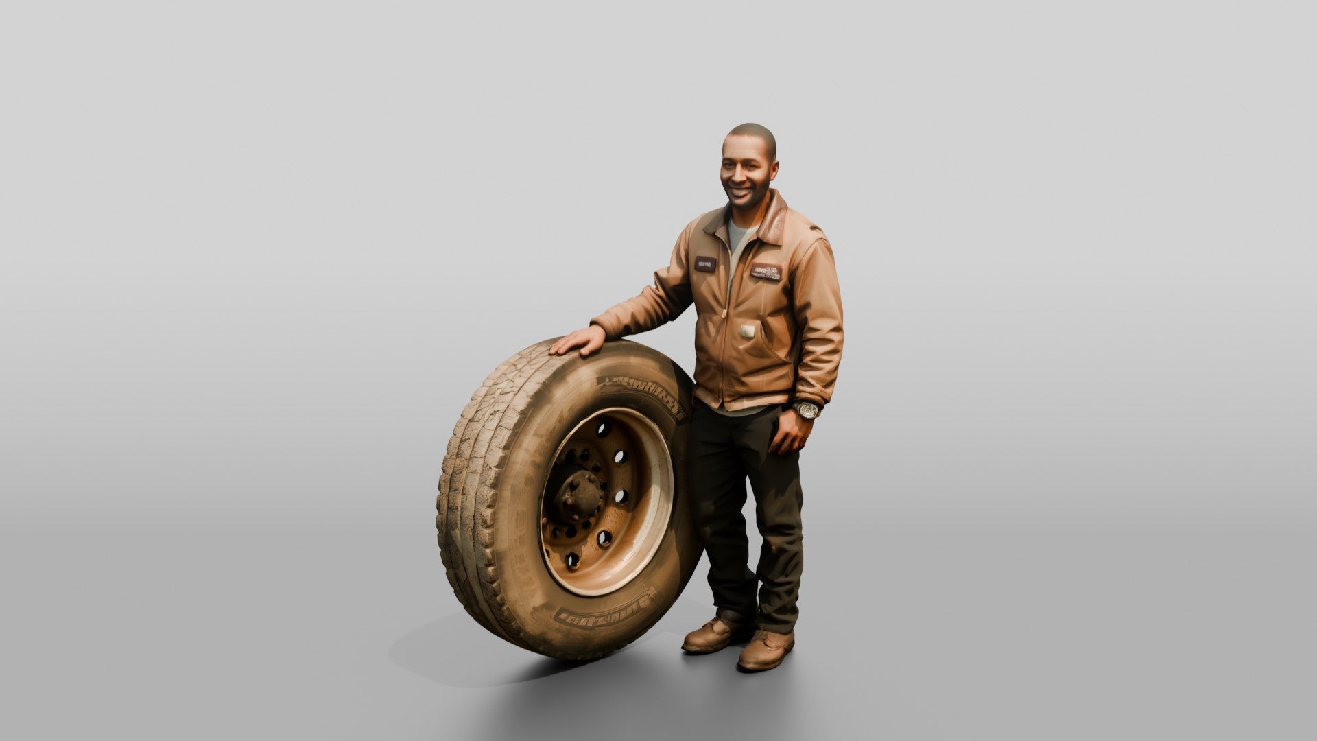 Mechanic Resting Hand on a Truck Tire