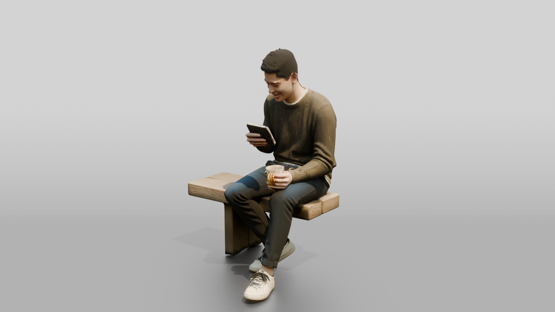 Young Chinese Man Relaxing on a Bench with Phone