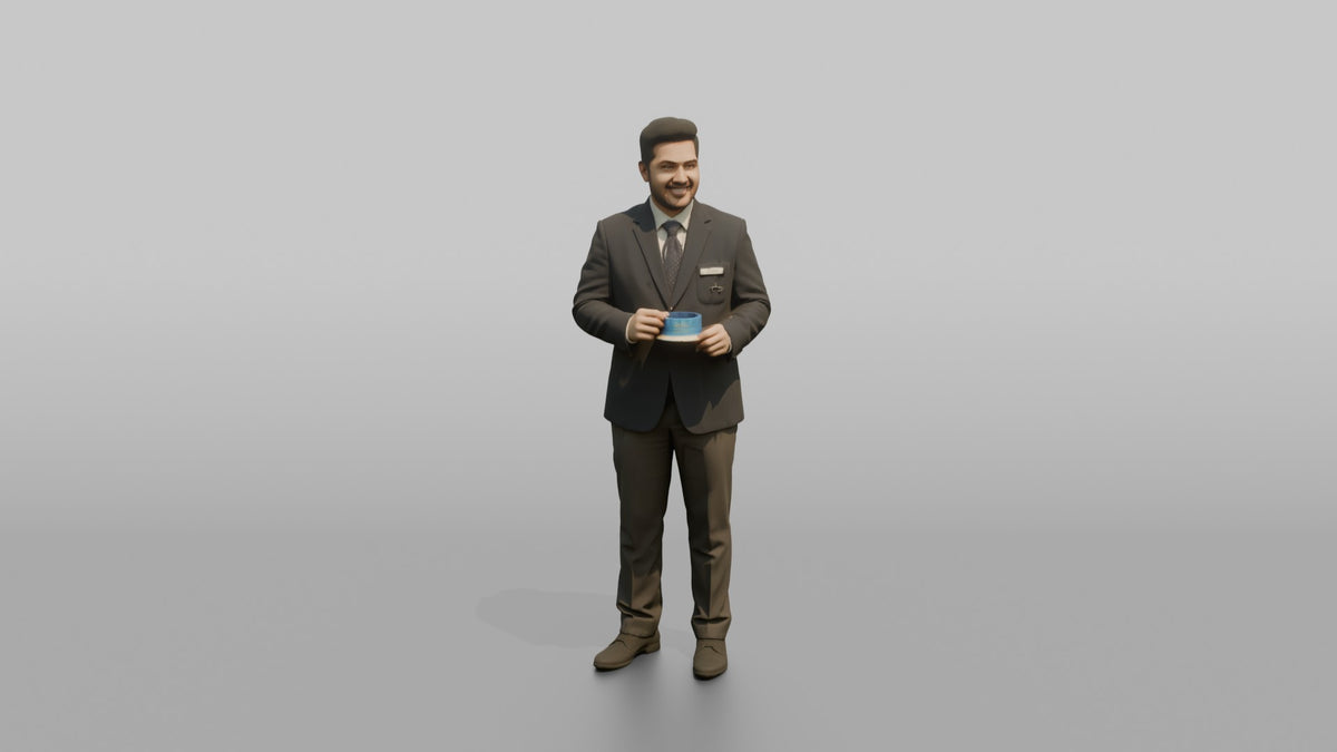 Receptionist Man Presenting A Room Key Card With Both Hands - 3D character model, view 5
