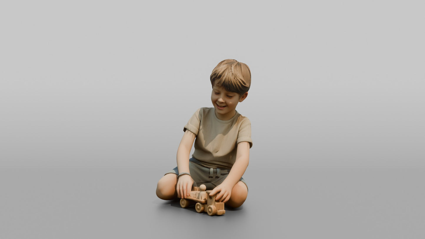 Boy Kneeling and Playing with a Wooden Toy
