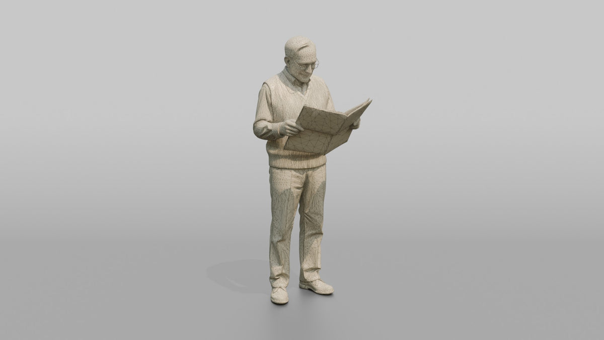 Grandfather Holding A Newspaper, Reading Through His Glasses - wireframe topology preview