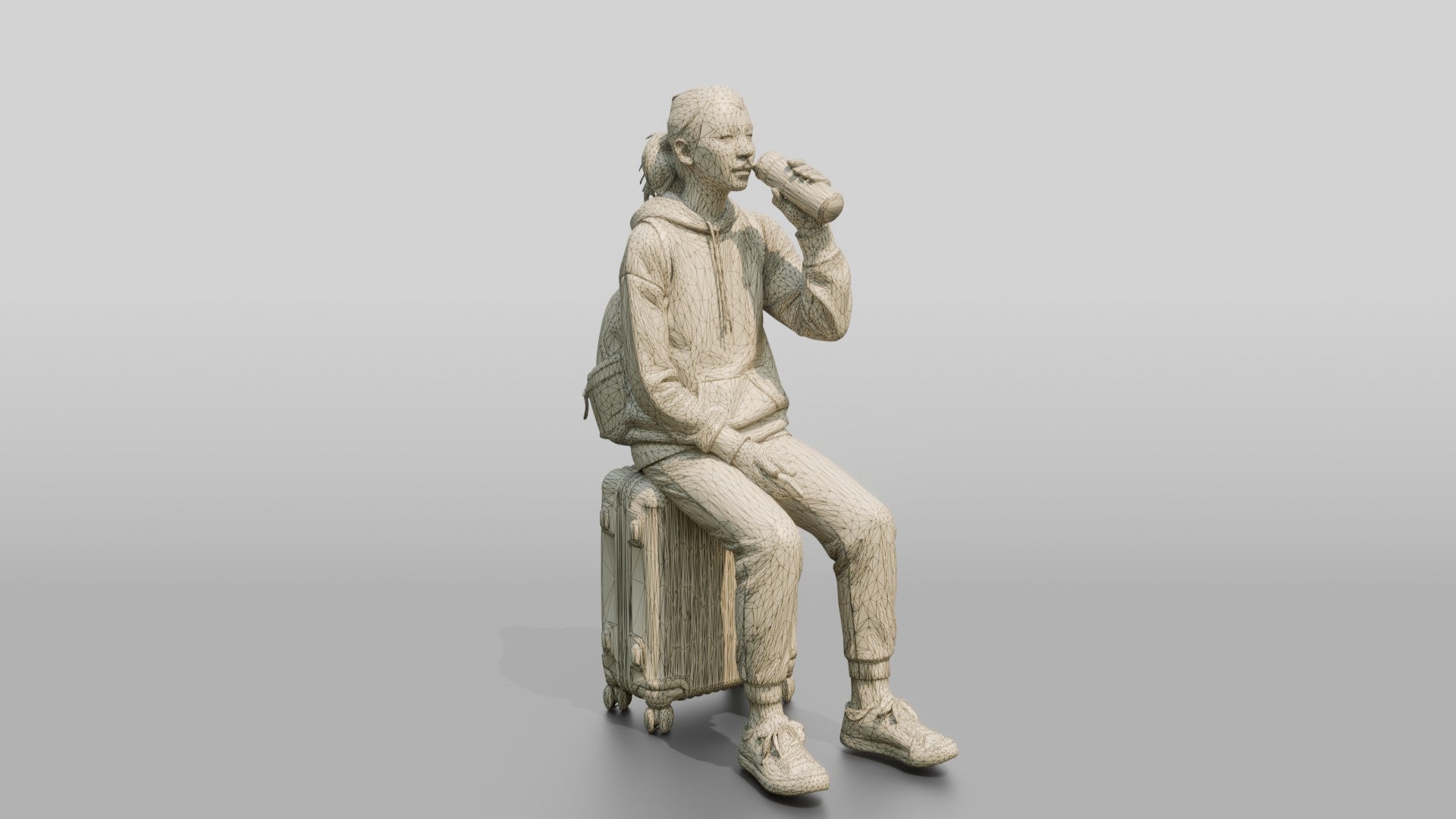 Young Woman Seated on Suitcase Drinking from Travel Cup