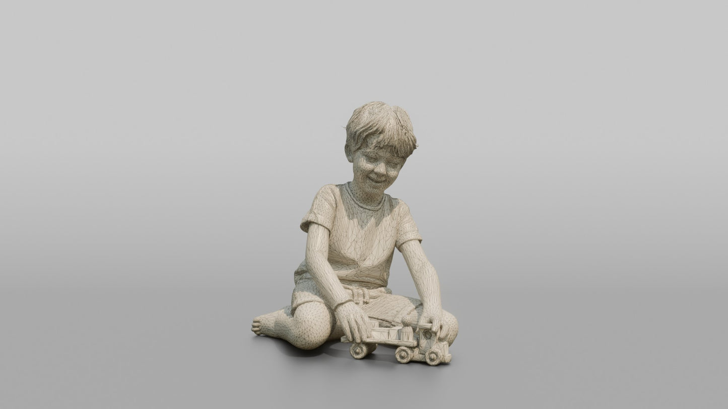Boy Kneeling and Playing with a Wooden Toy