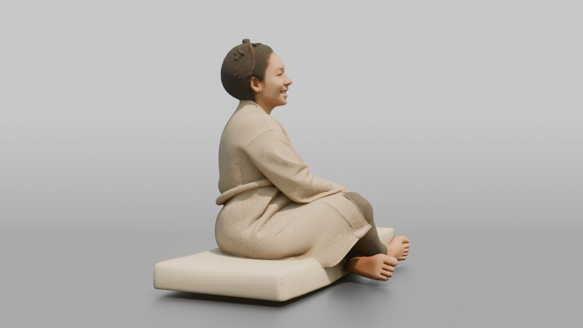 Spa Client Woman Sitting On A Daybed, Legs Crossed, Holding A Small Pillow - 3D character model, view 2
