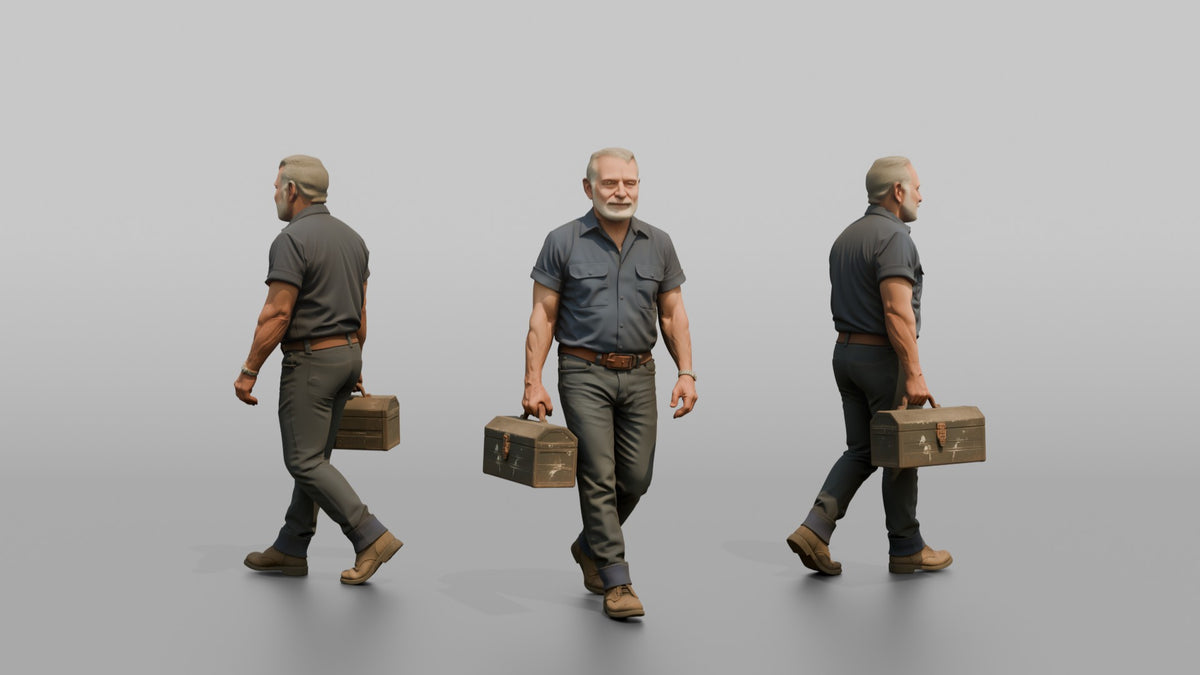 Grandfather Carrying A Toolbox By Its Handle - 3D character model, view 1
