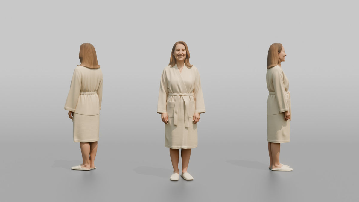 Spa Client Man Standing Barefoot In Spa Slippers, Robe Tied At The Waist - 3D character model, view 1